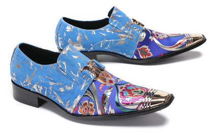 Mens Genuine Leather Slip On Buckle Floral Embroidery Western Loafers