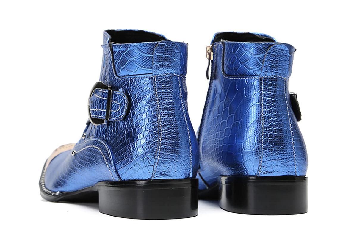 Mens Genuine Leather Metal-Square Toe Snakeskin Texture Ankle Western Boots
