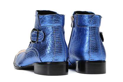 Mens Genuine Leather Metal-Square Toe Snakeskin Texture Ankle Western Boots