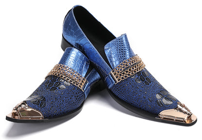 Mens Gold Chain Sparkling Party Disco Metallic Tip Western Loafers