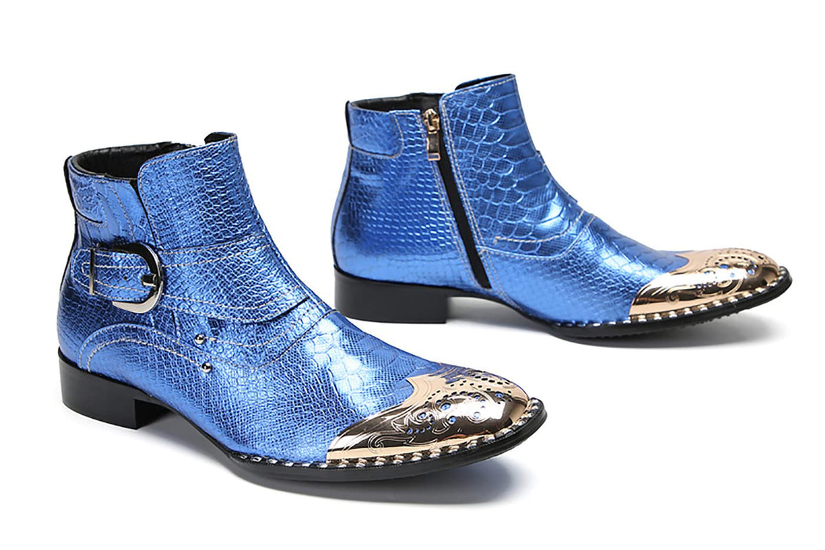 Mens Genuine Leather Metal-Square Toe Snakeskin Texture Ankle Western Boots