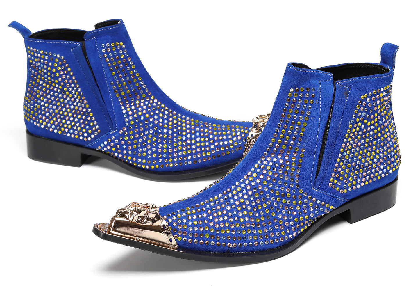 Mens Rhinestone Sparkling Suede Crystal Studded Western Chelsea Boots