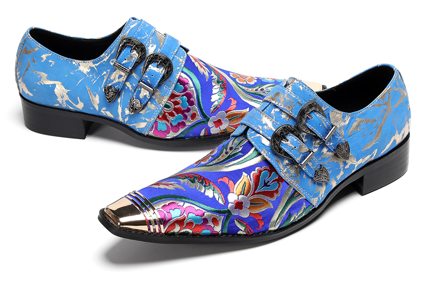 Mens Metal Toe Cap Floral Embroidered Monk Strap Buckle Western Loafers