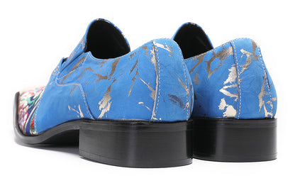 Mens Genuine Leather Slip On Buckle Floral Embroidery Western Loafers
