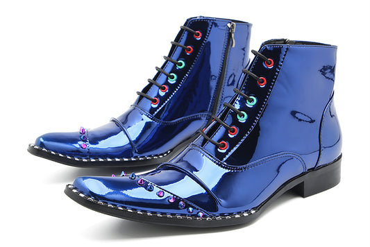 Mens Glossy Patent Leather Studded Zipper Ankle Western Oxfords Boots