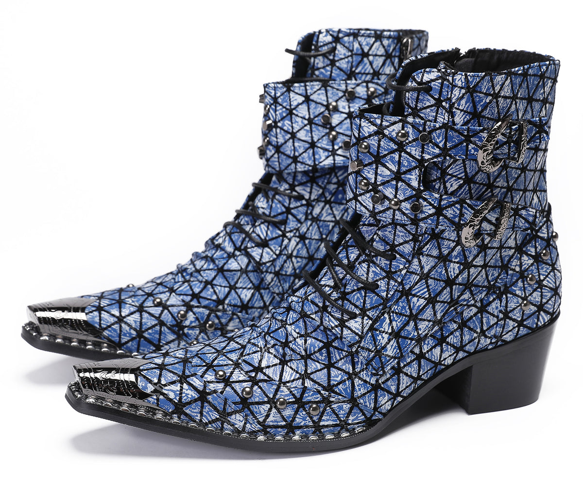 Mens Genuine Leather Blue Plaid Design Party Cowboy Western Boots