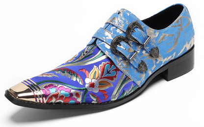 Mens Metal Toe Cap Floral Embroidered Monk Strap Buckle Western Loafers