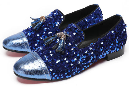 Mens Glitter Sequins Tassels Prom Party Western Loafers