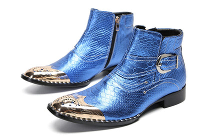 Mens Genuine Leather Metal-Square Toe Snakeskin Texture Ankle Western Boots