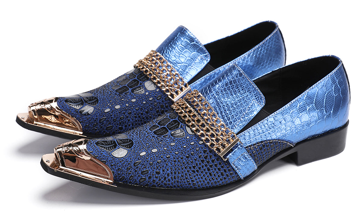 Mens Gold Chain Sparkling Party Disco Metallic Tip Western Loafers