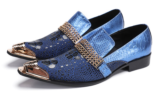 Mens Gold Chain Sparkling Party Disco Metallic Tip Western Loafers