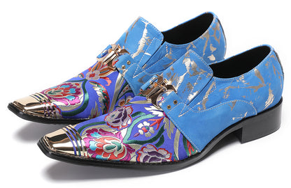 Mens Genuine Leather Slip On Buckle Floral Embroidery Western Loafers
