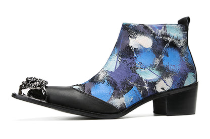 Mens Genuine Leather Metal-Wingtip Graffiti Ankle Western Boots