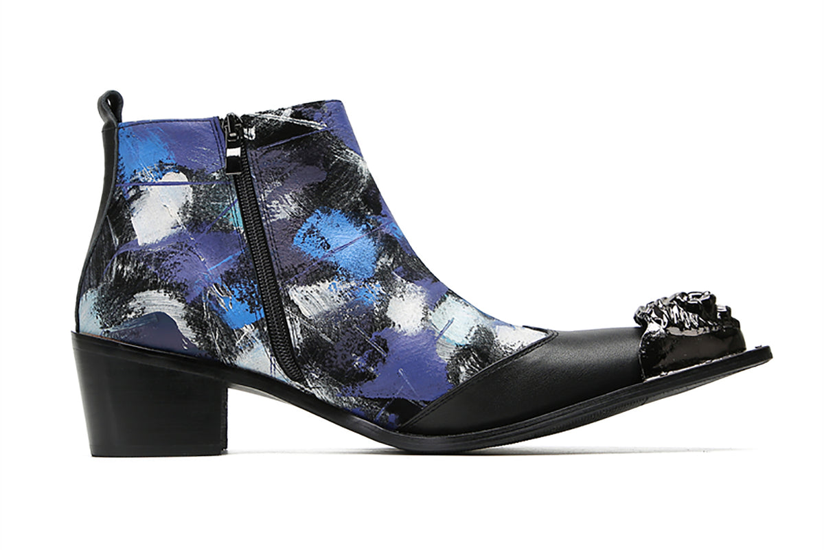 Mens Genuine Leather Metal-Wingtip Graffiti Ankle Western Boots