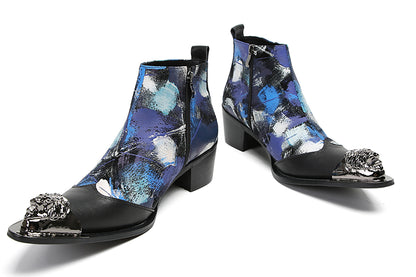 Mens Genuine Leather Metal-Wingtip Graffiti Ankle Western Boots