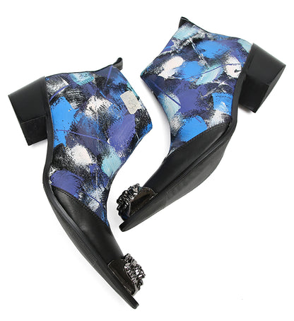 Mens Genuine Leather Metal-Wingtip Graffiti Ankle Western Boots