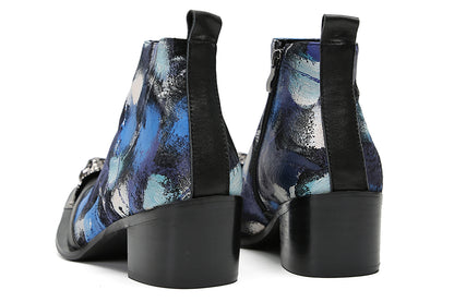 Mens Genuine Leather Metal-Wingtip Graffiti Ankle Western Boots
