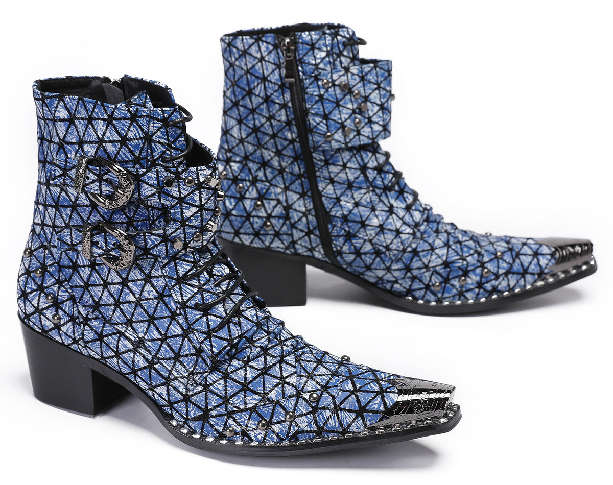 Mens Genuine Leather Blue Plaid Design Party Cowboy Western Boots