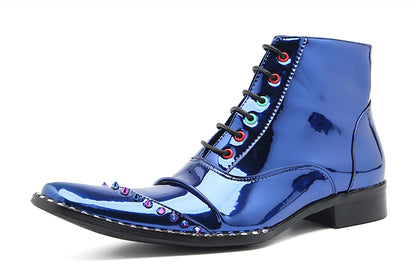 Mens Glossy Patent Leather Studded Zipper Ankle Western Oxfords Boots