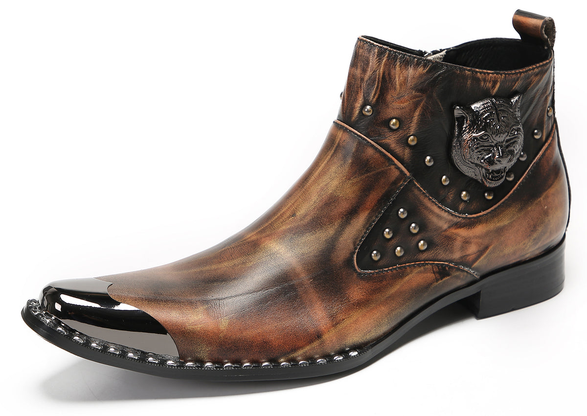 Mens Genuine Leather Matel Sqaure Toe Zipper Beads Ankle Western Boots