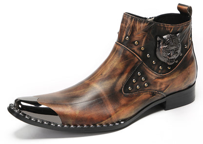 Mens Genuine Leather Matel Sqaure Toe Zipper Beads Ankle Western Boots