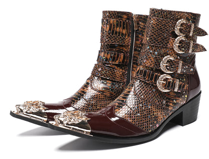 Mens Genuine Leather Punk Rock Dragon Square Toe Cowboy Western Boots