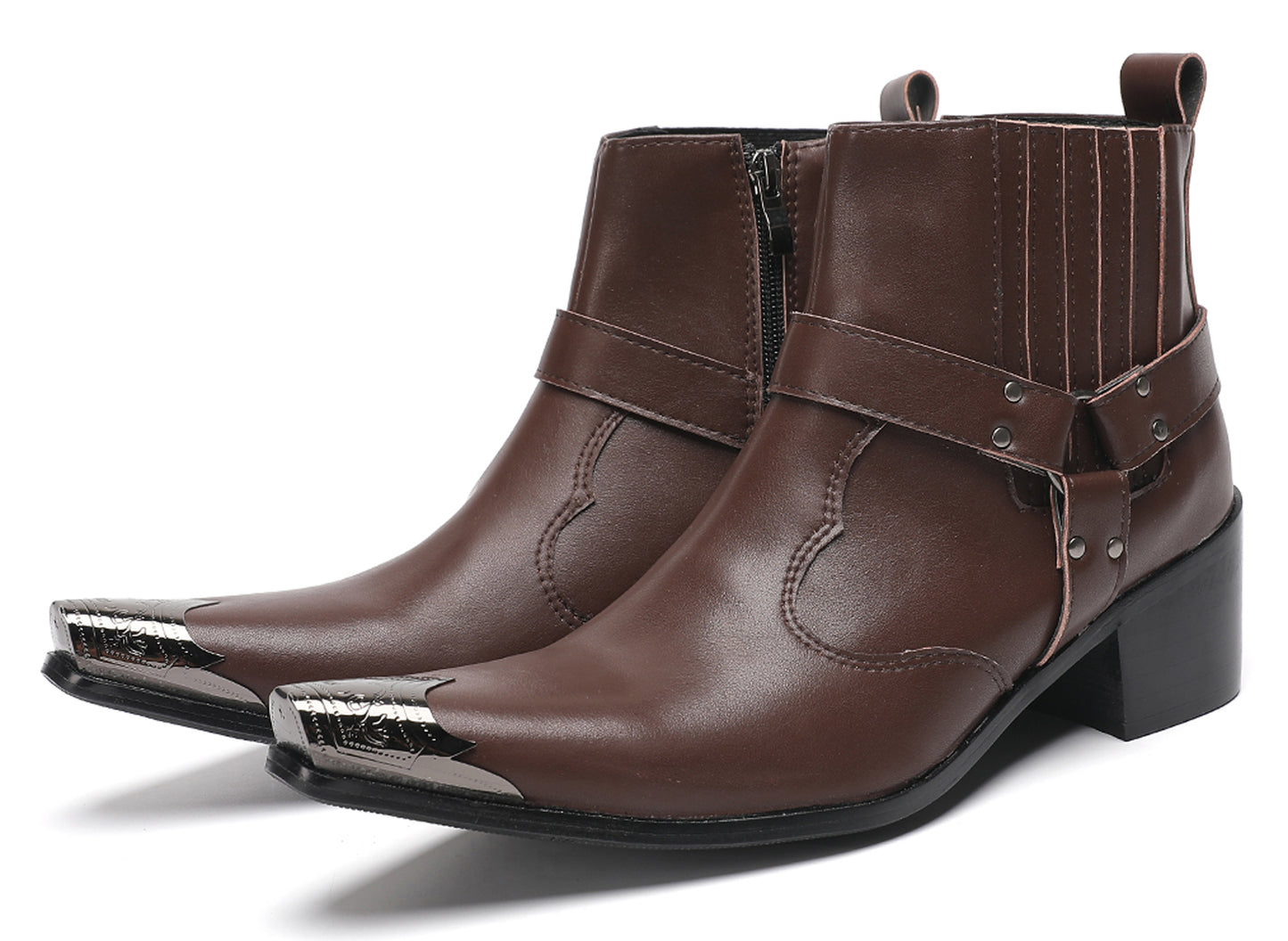 Mens Metallic Detailing Studded Strap Design Ankle Western Boots