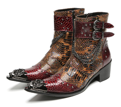 Mens Chains Studs Buckles Side Zip Metal Toe Cowboy Western Boots