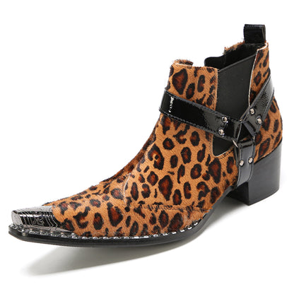 Mens Leopard Print & Harness Strap Western Chelsea Boots