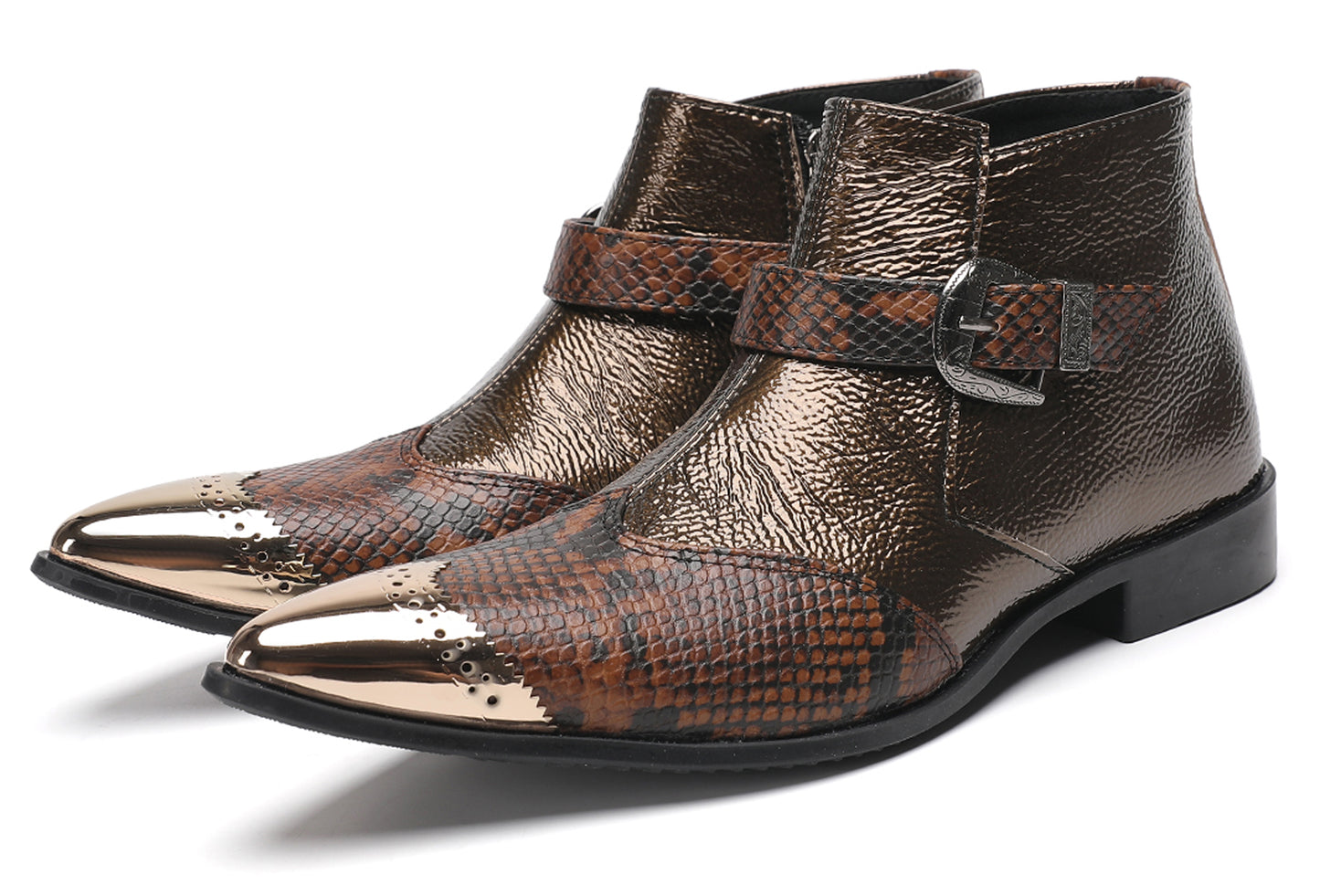 Mens Metallic Detail Buckle Strap Snake Print Ankle Western Boots