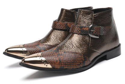Mens Metallic Detail Buckle Strap Snake Print Ankle Western Boots