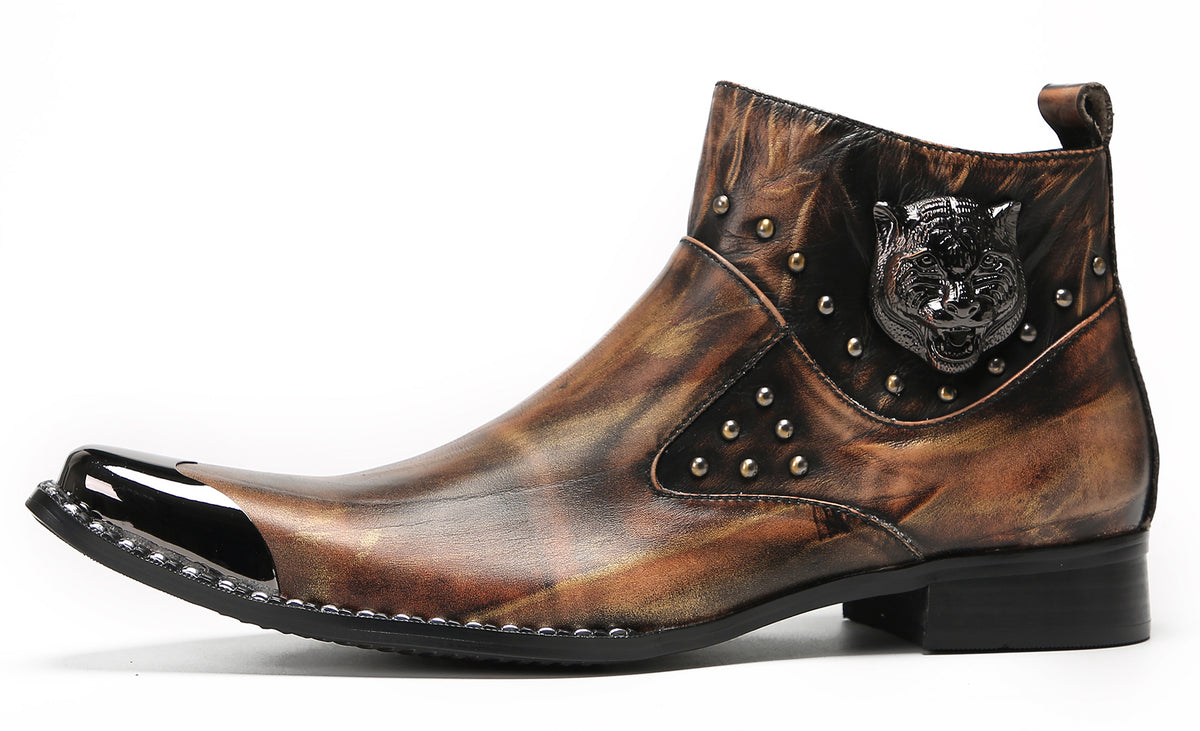 Mens Genuine Leather Matel Sqaure Toe Zipper Beads Ankle Western Boots