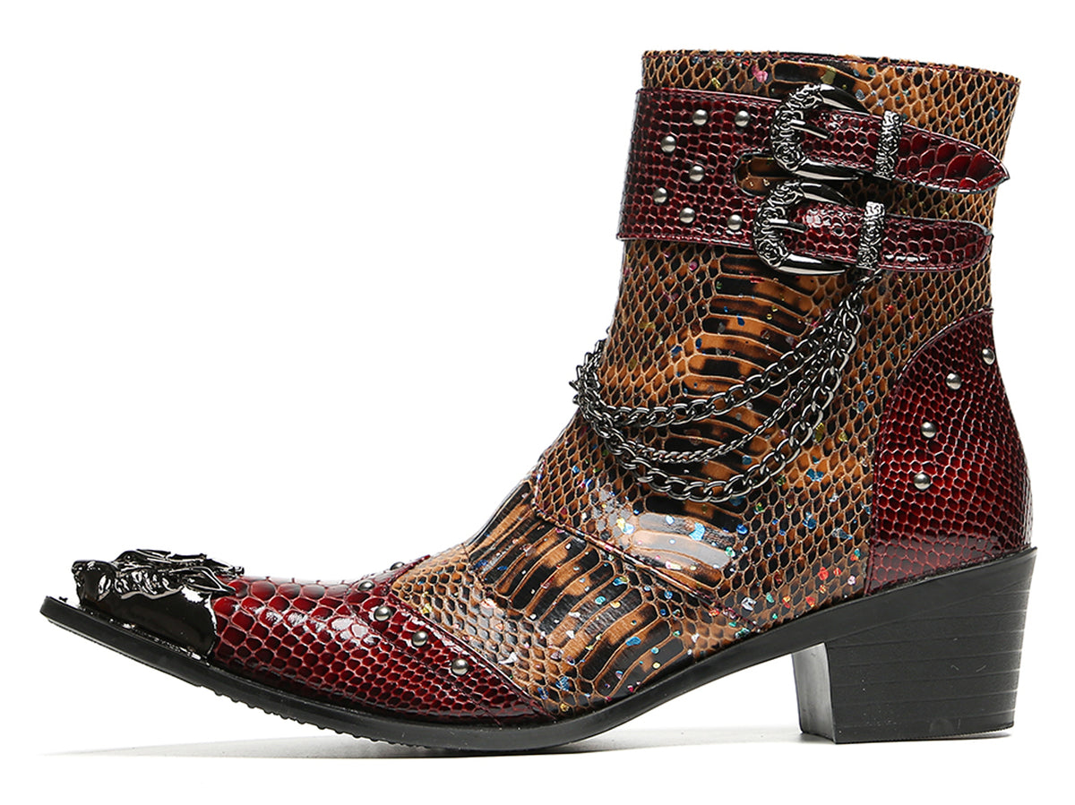 Mens Chains Studs Buckles Side Zip Metal Toe Cowboy Western Boots