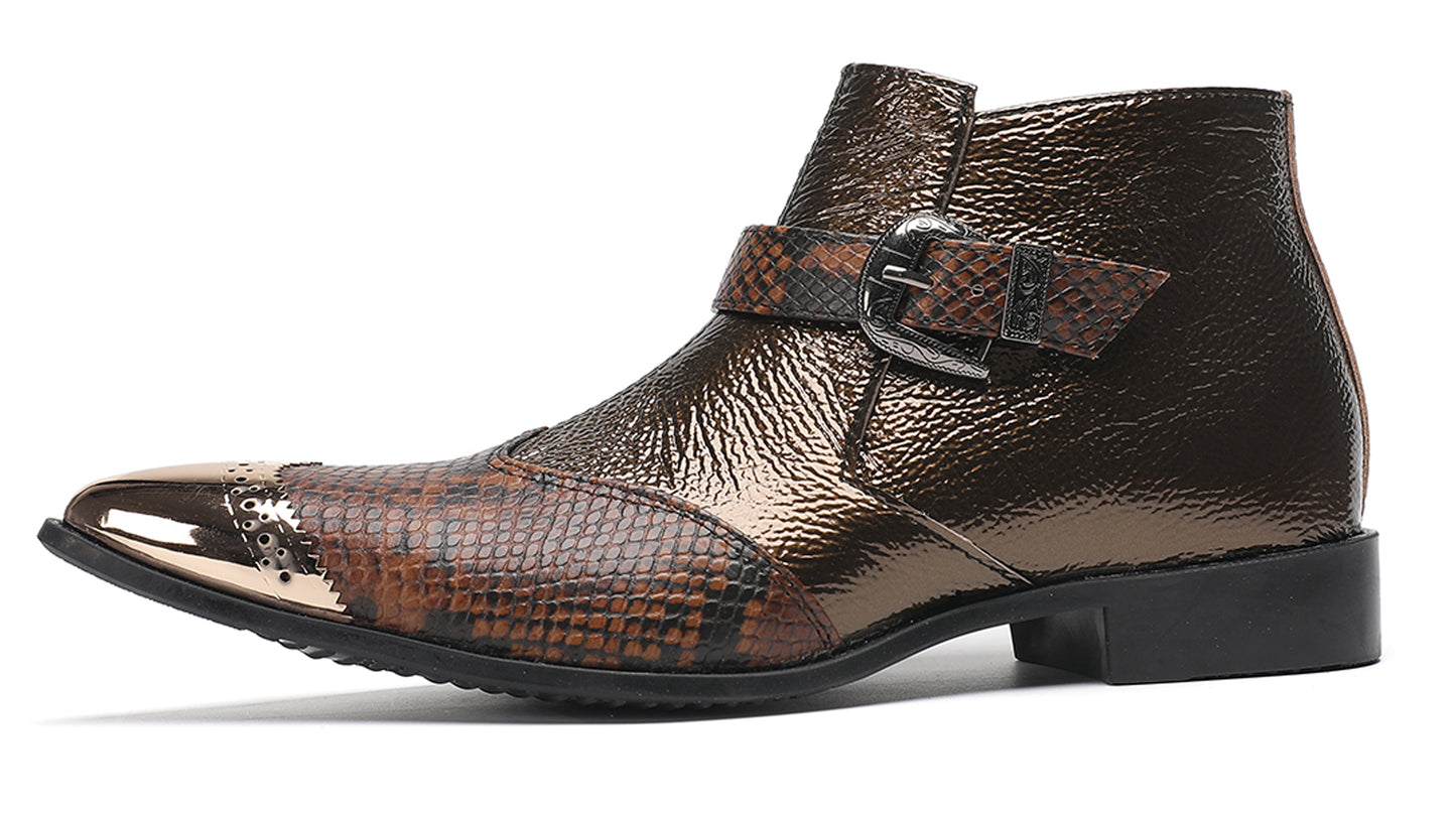 Mens Metallic Detail Buckle Strap Snake Print Ankle Western Boots