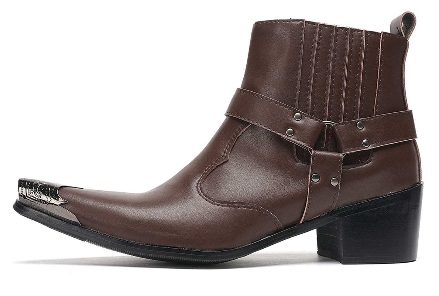Mens Metallic Detailing Studded Strap Design Ankle Western Boots