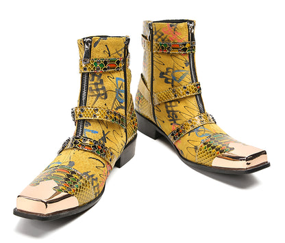 Mens Genuine Leather Dress Casual Metal Square Toe Buckles Cowboy Western Boots