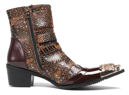 Mens Genuine Leather Punk Rock Dragon Square Toe Cowboy Western Boots