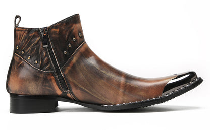Mens Genuine Leather Matel Sqaure Toe Zipper Beads Ankle Western Boots