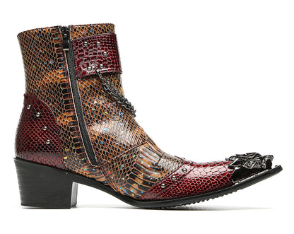 Mens Chains Studs Buckles Side Zip Metal Toe Cowboy Western Boots