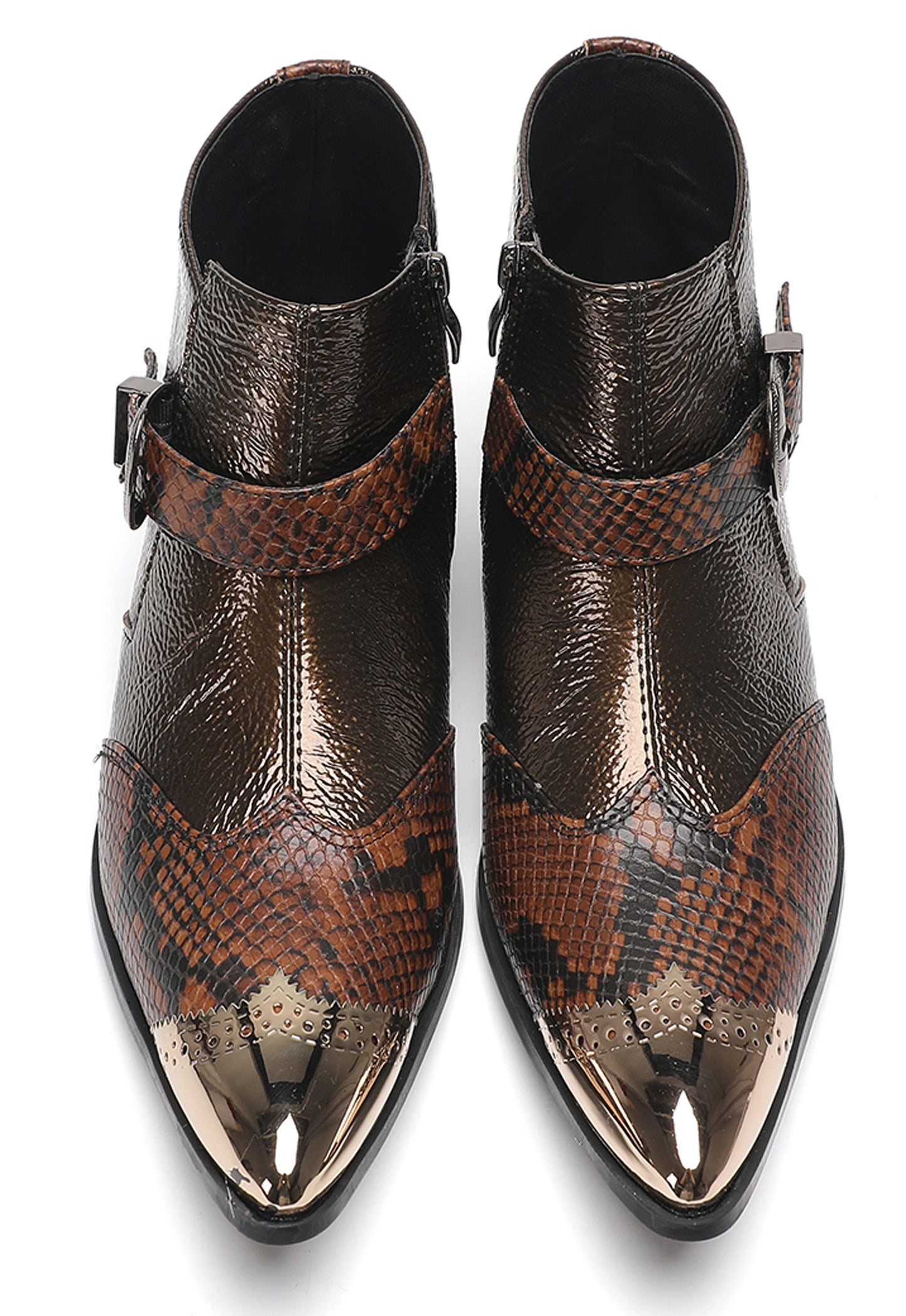 Mens Metallic Detail Buckle Strap Snake Print Ankle Western Boots