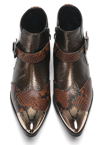 Mens Metallic Detail Buckle Strap Snake Print Ankle Western Boots