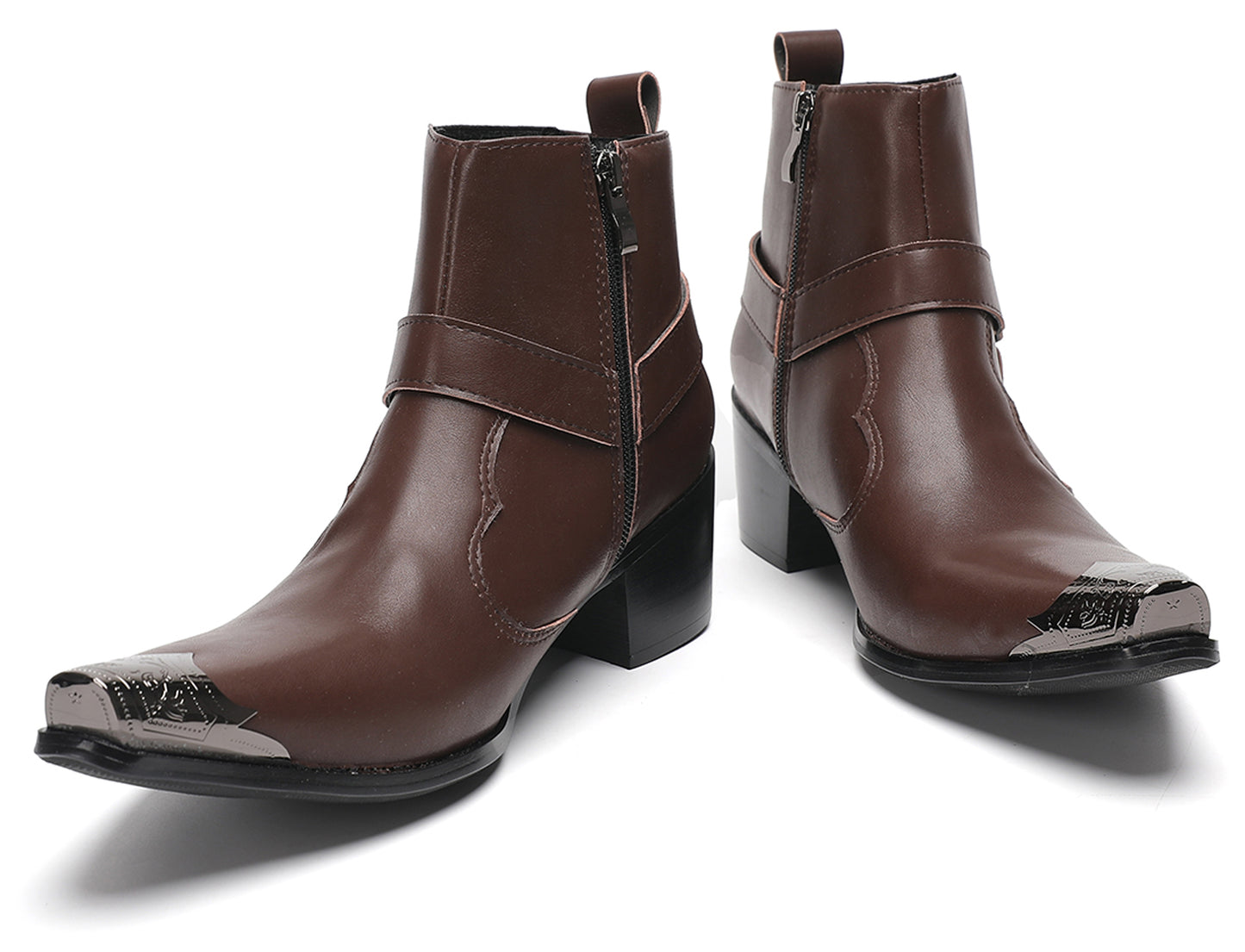 Mens Metallic Detailing Studded Strap Design Ankle Western Boots