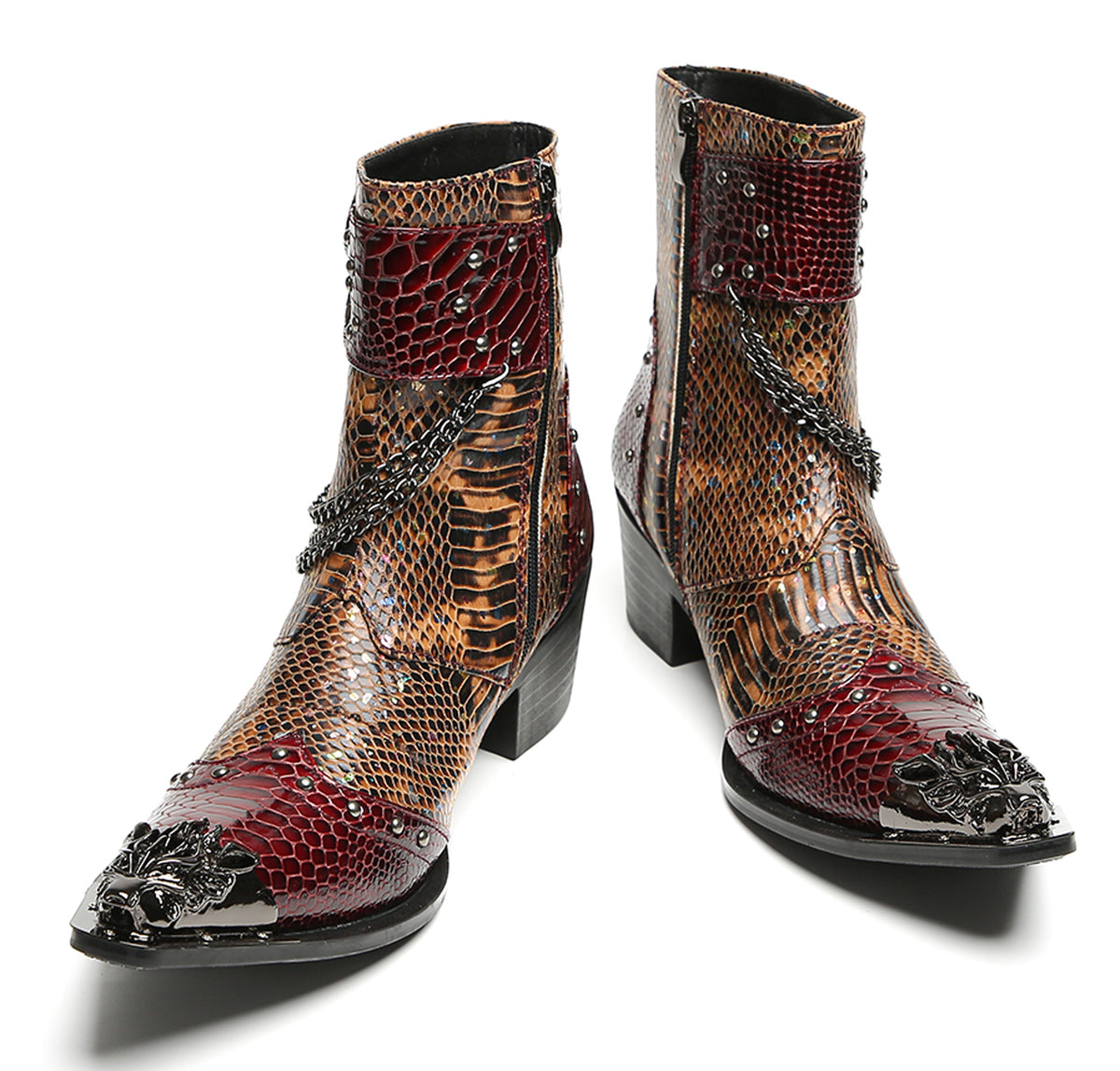 Mens Chains Studs Buckles Side Zip Metal Toe Cowboy Western Boots