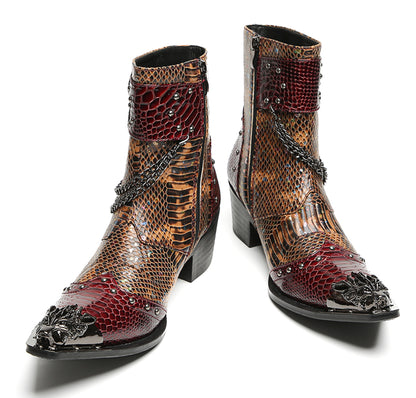 Mens Chains Studs Buckles Side Zip Metal Toe Cowboy Western Boots