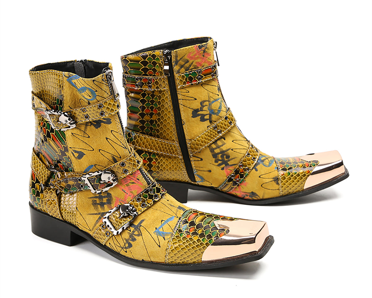 Mens Genuine Leather Dress Casual Metal Square Toe Buckles Cowboy Western Boots