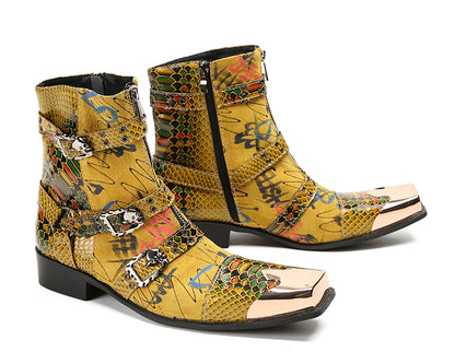 Mens Genuine Leather Dress Casual Metal Square Toe Buckles Cowboy Western Boots