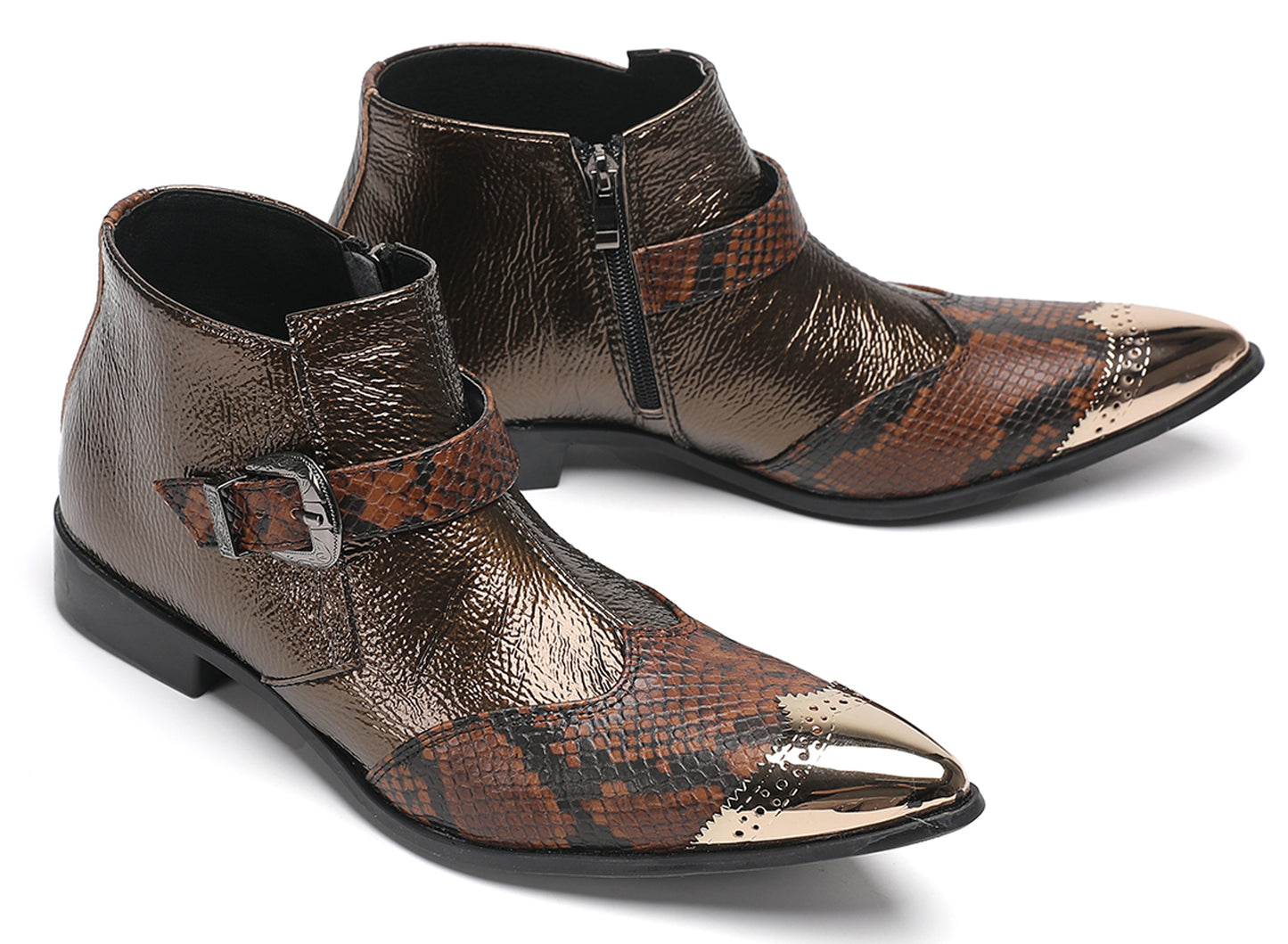 Mens Metallic Detail Buckle Strap Snake Print Ankle Western Boots