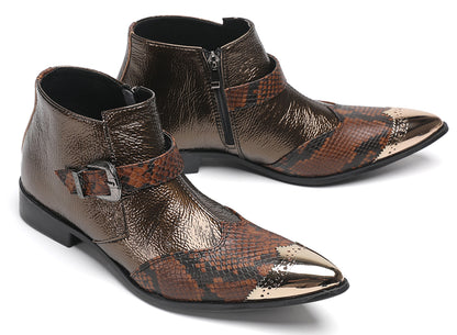 Mens Metallic Detail Buckle Strap Snake Print Ankle Western Boots