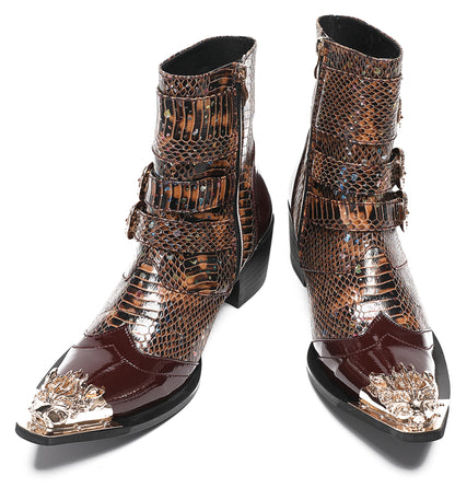 Mens Genuine Leather Punk Rock Dragon Square Toe Cowboy Western Boots