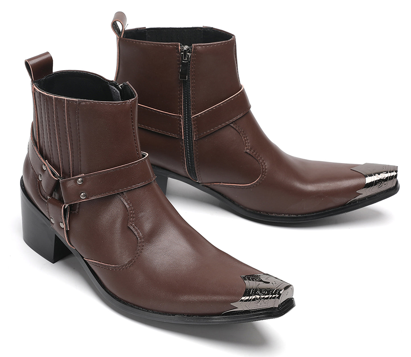 Mens Metallic Detailing Studded Strap Design Ankle Western Boots